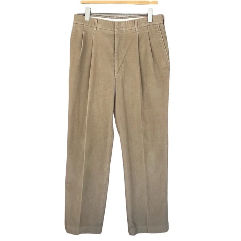 Haggar Men’s Wide Wale Corduroy Pleated Pants Tan Khaki 34x30 USA